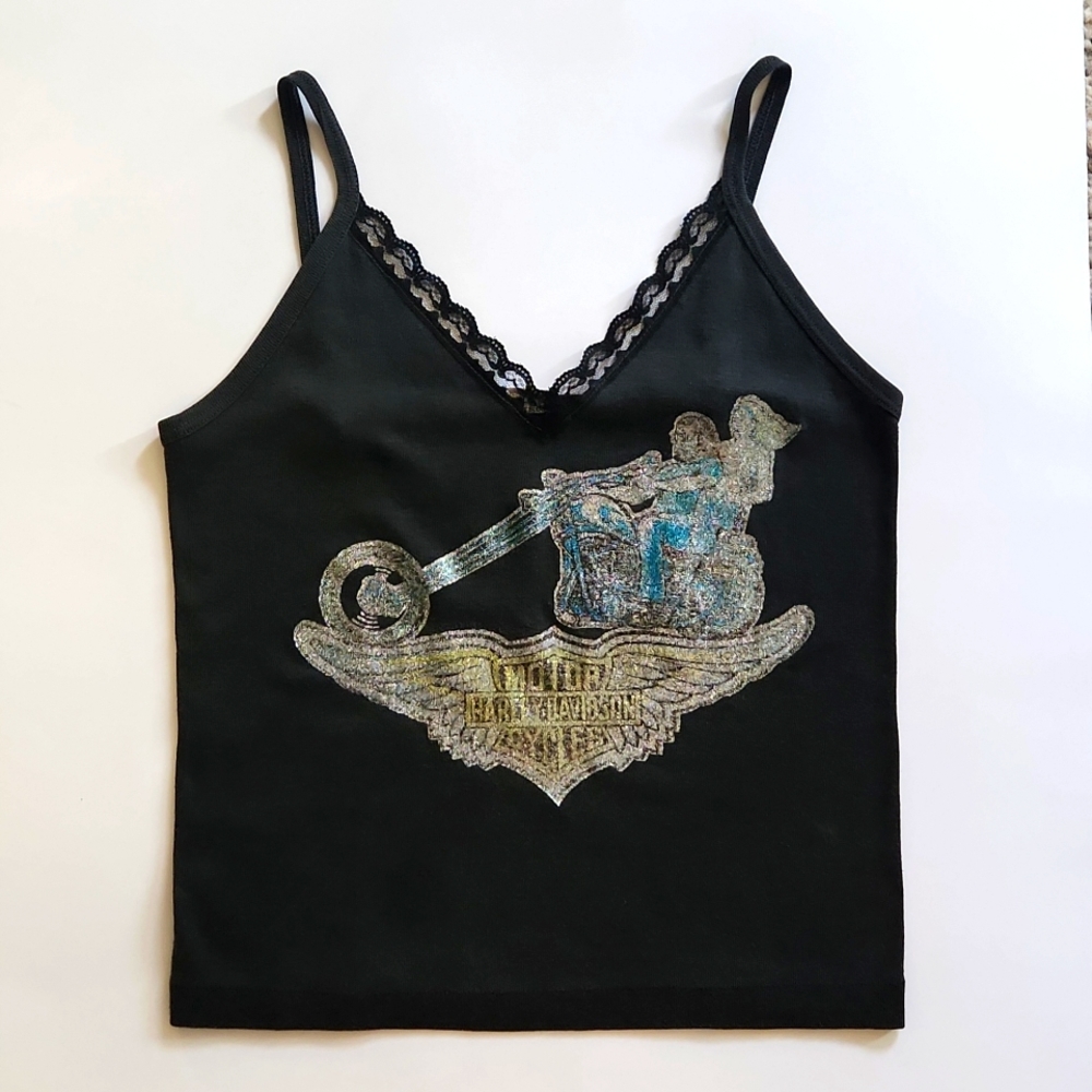 Rare Vintage '80s Sparkly Harley Davidson Black Lace Tank Top XL
